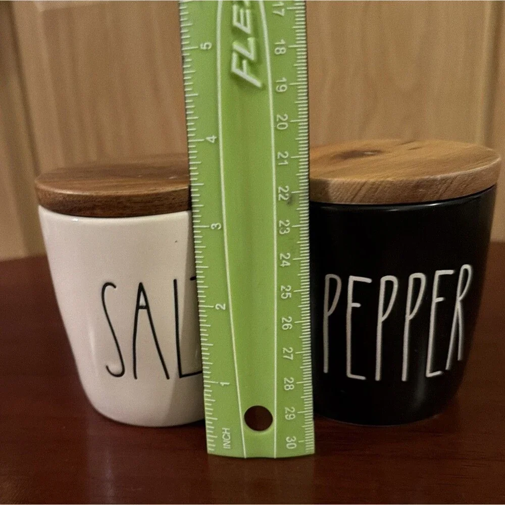 Rae Dunn Salt & Pepper Container Jar Set Ceramic Black & White Wood Lid 3.5